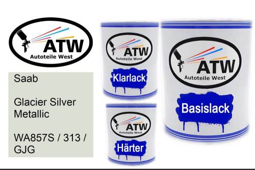 Saab, Glacier Silver Metallic, WA857S / 313 / GJG: 1L Lackdose + 1L Klarlack + 500ml Härter - Set, von ATW Autoteile West.
